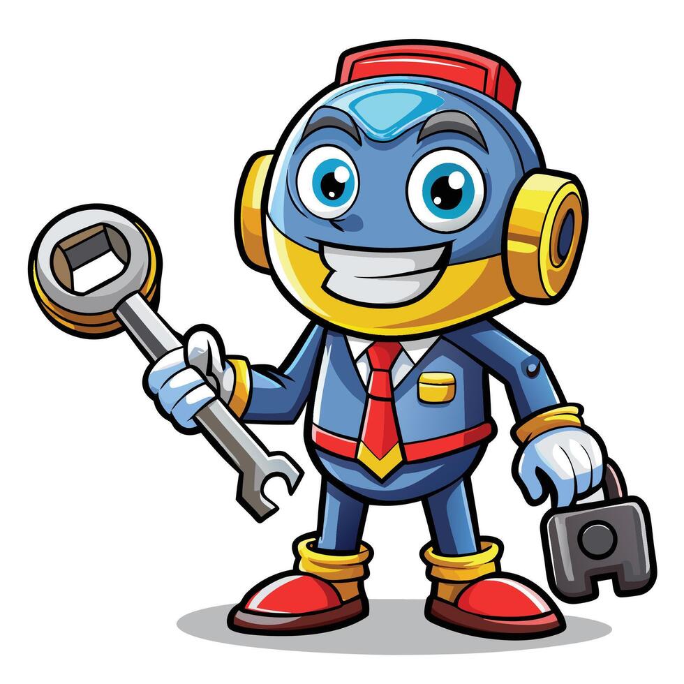 cartoon blue robot with wrench and wrench vector