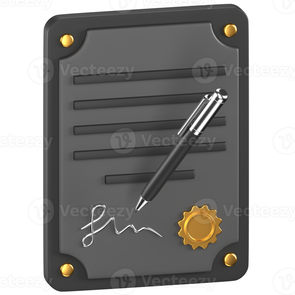 3d icon of a black contract paper with a silver pen and golden badge png