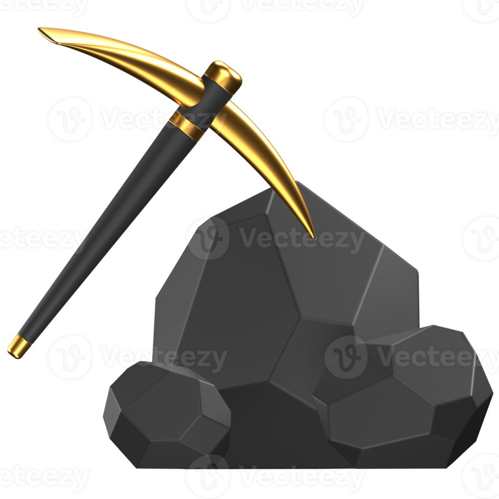 3d icon of a chunk of black rock and a pickaxe mining it png