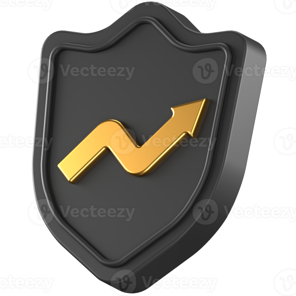 3d icon of a black shield with a golden upwards arrow in the center png