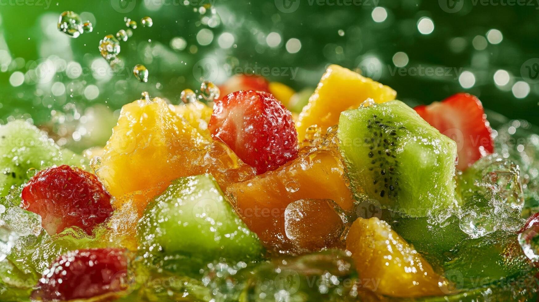 Fresh fruit splash with kiwi, mango, strawberry in vibrant green background photo
