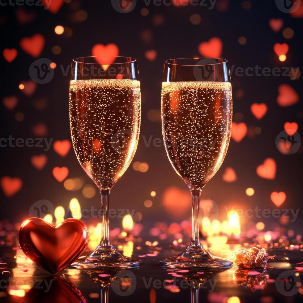 Romantic candlelit setting with champagne and heart decorations photo