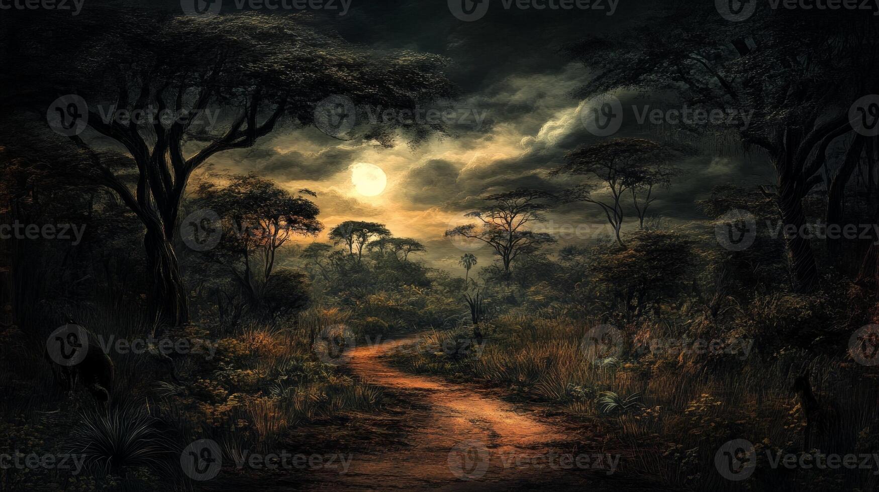 Moonlit pathway through a mystical forest landscape at night photo