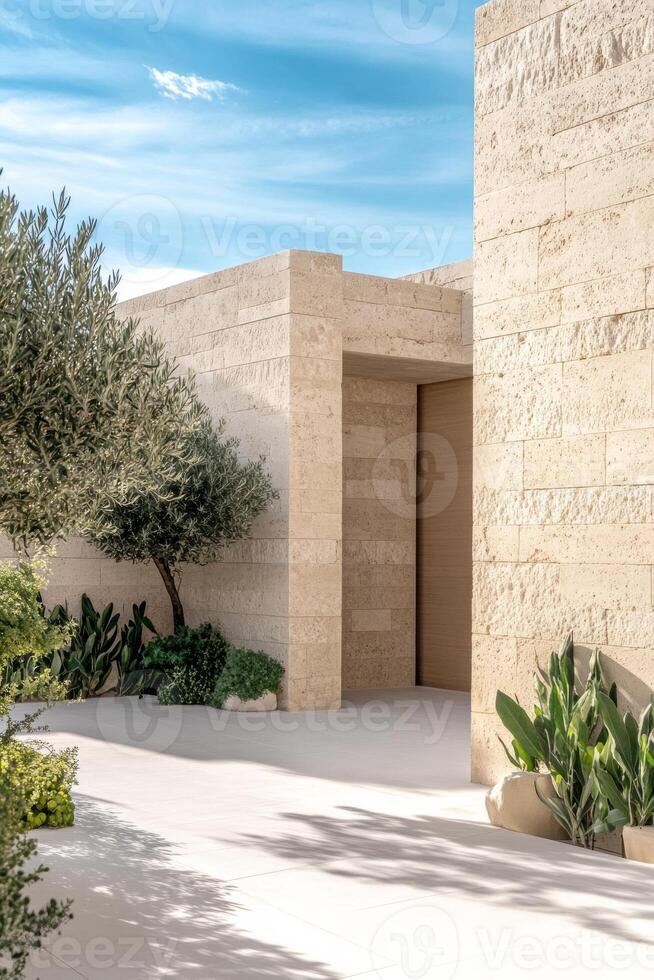 Modern stone architecture with minimalist landscaping and blue sky photo