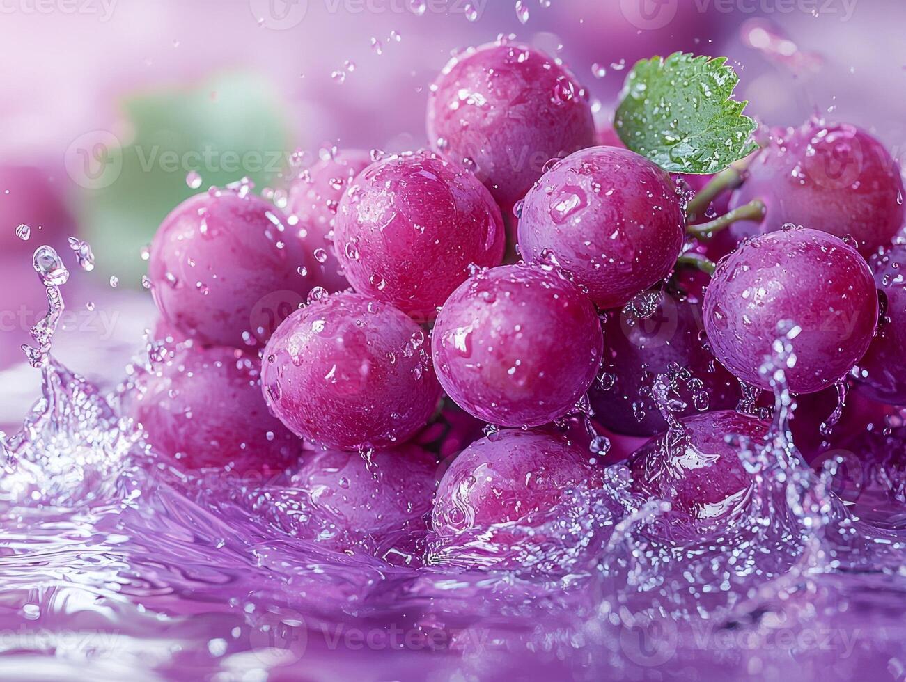 Fresh purple grapes splash in water with vibrant colors and drops photo