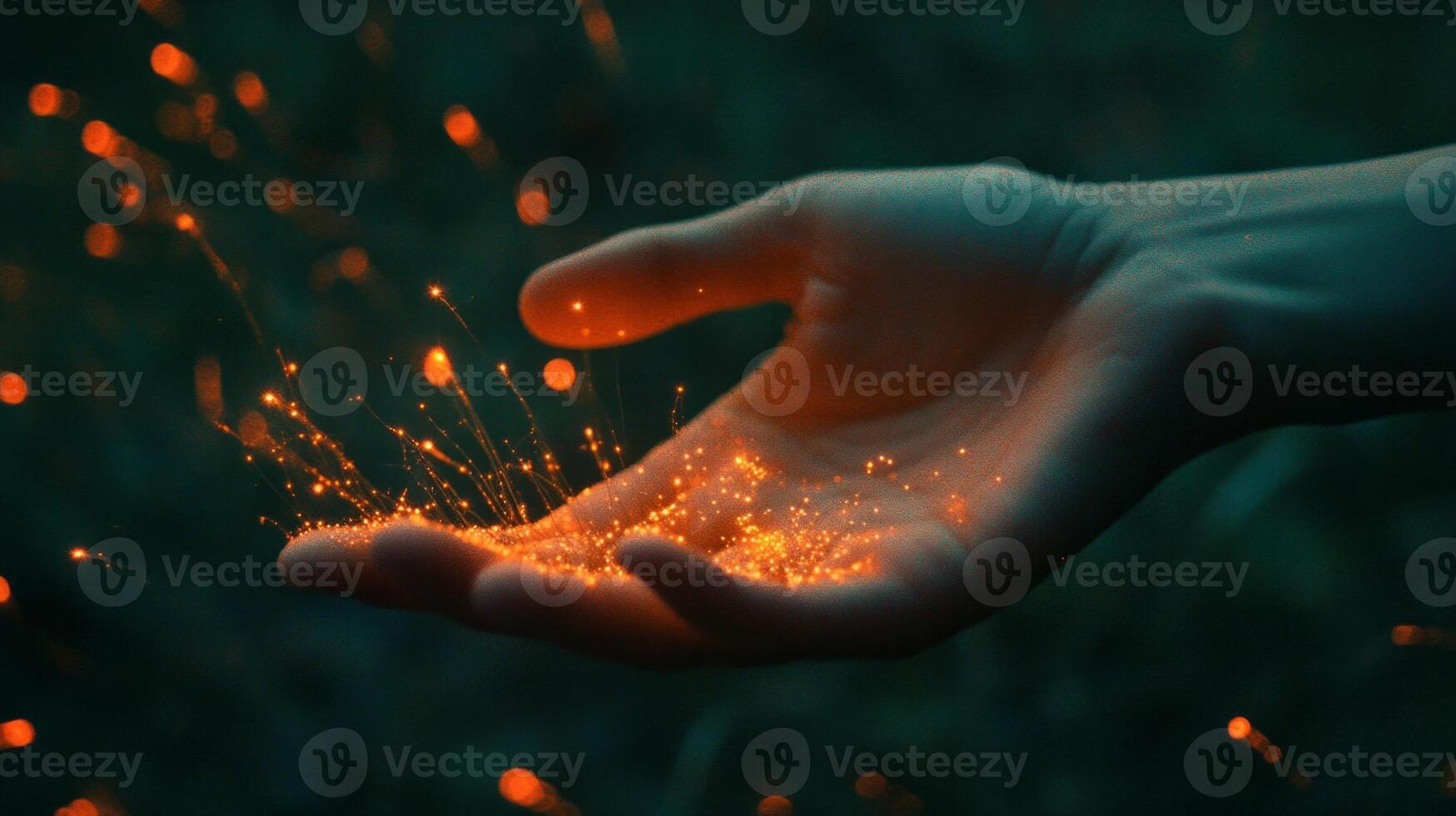 Hand holding glowing particles in dark environment photo