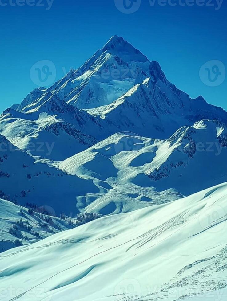 Majestic snow-covered mountain peaks under clear blue sky photo