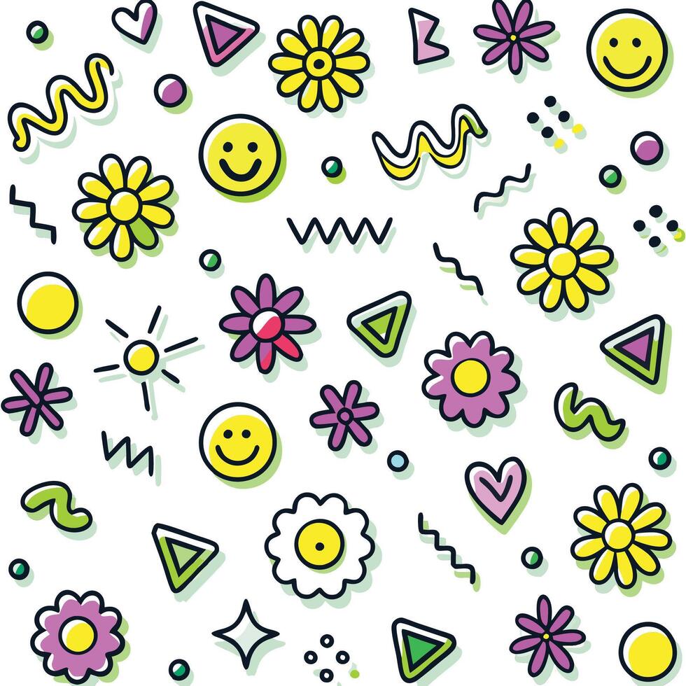 a colorful pattern with smiley faces and flowers vector