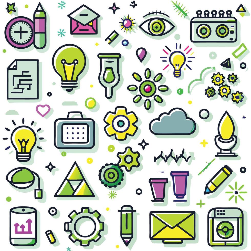 a set of colorful icons that include a light bulb, a clock, a clock, a light vector