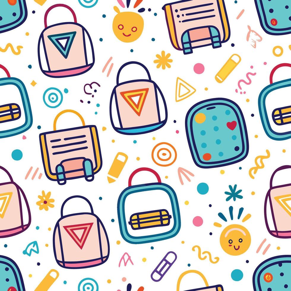 back to school seamless pattern with school bags and other items vector