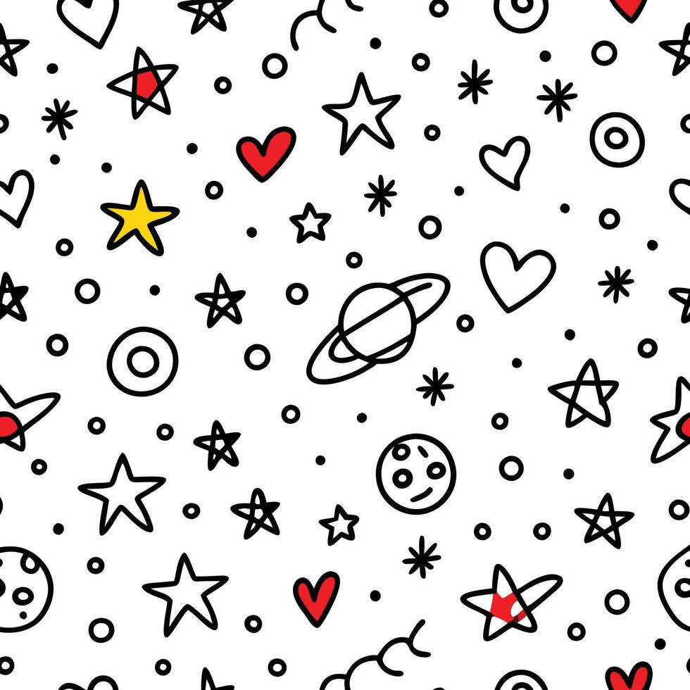 a seamless pattern with stars, hearts and planets vector