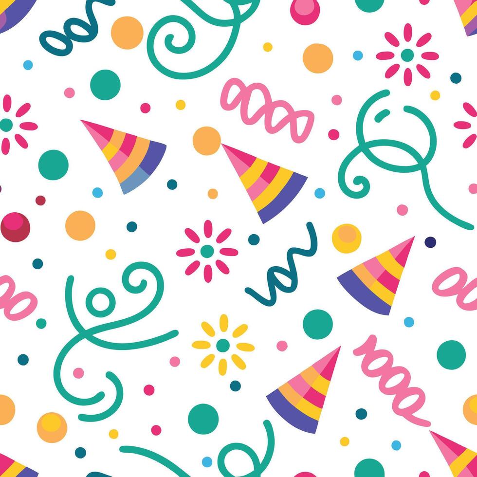 a colorful party hat pattern with confetti and streamers vector