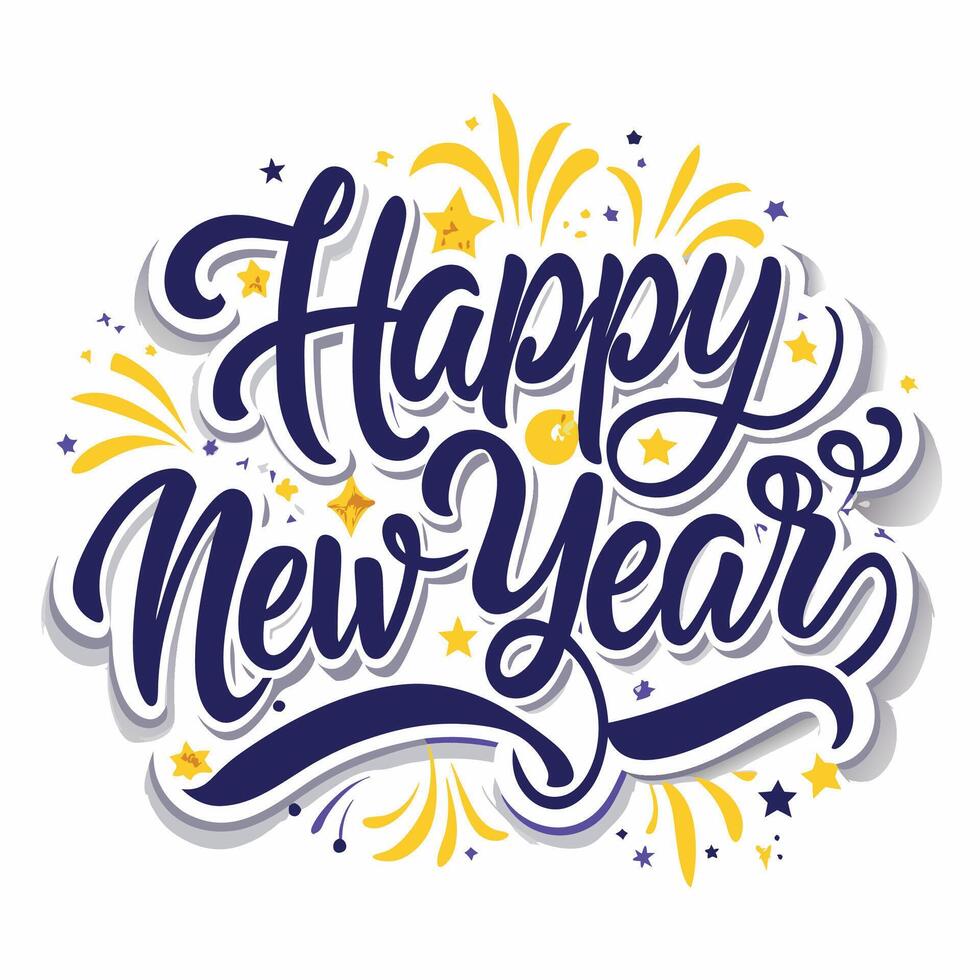 happy new year lettering design with fireworks and stars vector