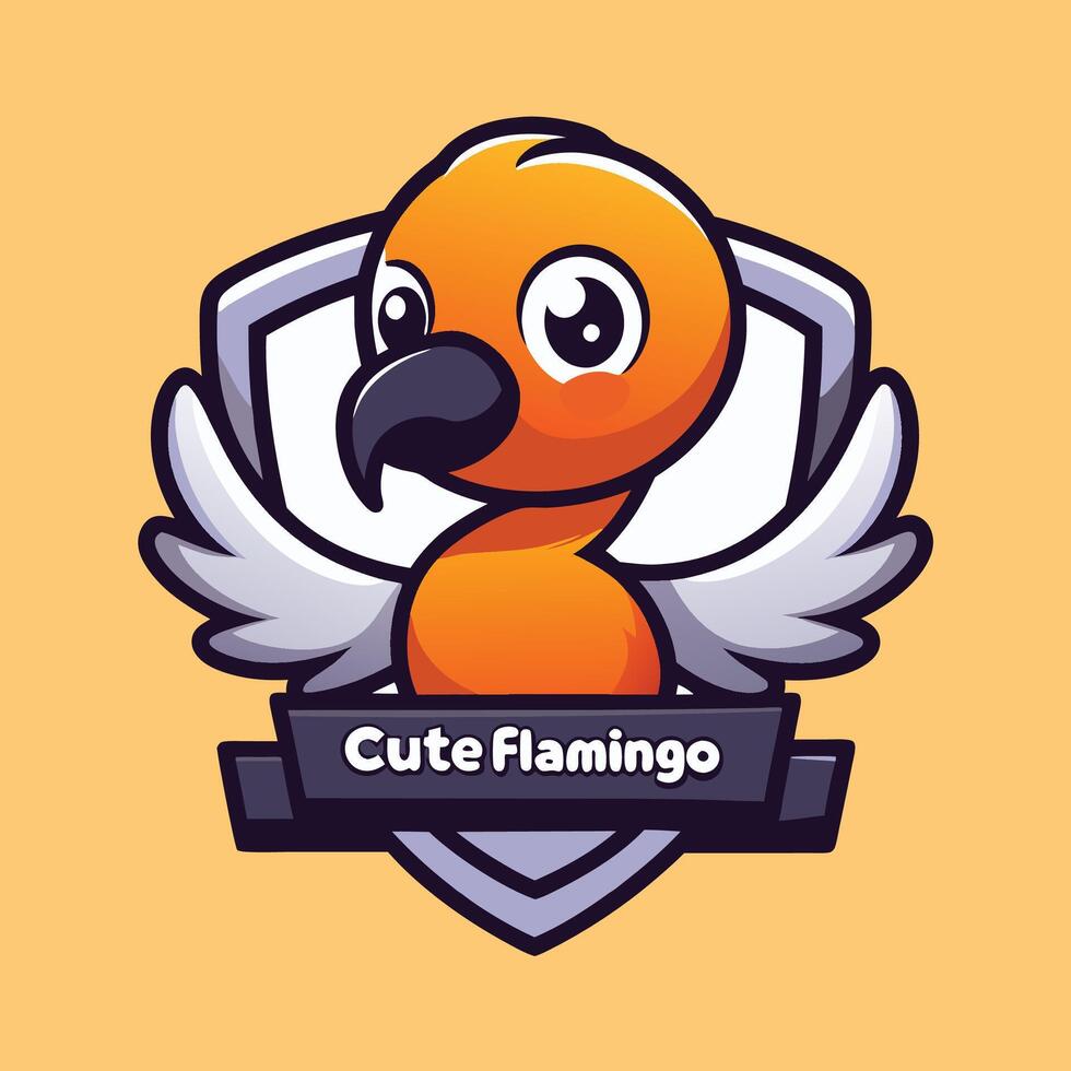 a cute flamingo logo with wings and a shield vector