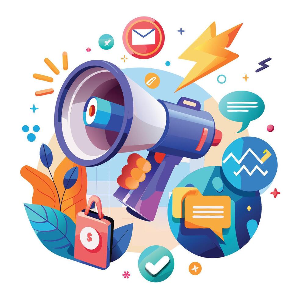 a person holding a megaphone with icons around it vector