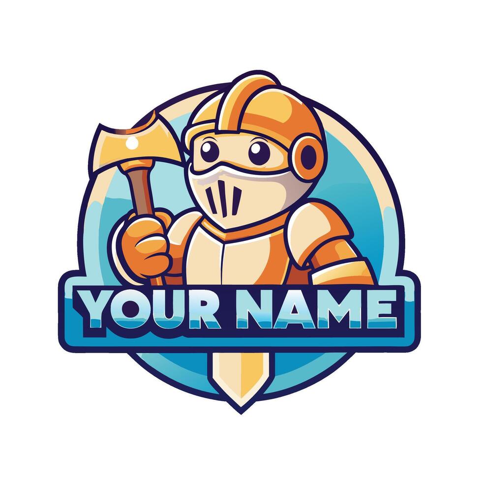 a cartoon knight with an axe and shield logo vector