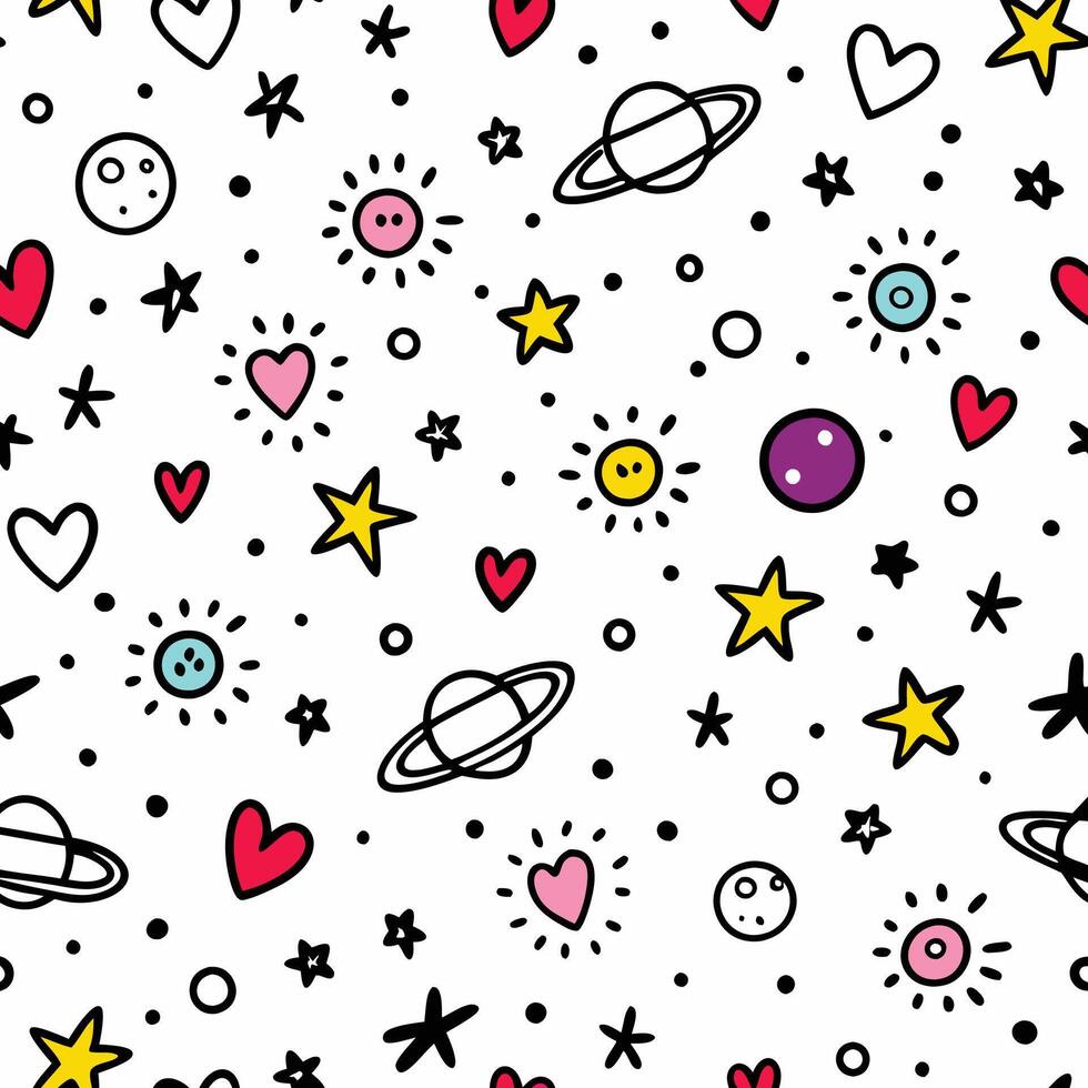 seamless pattern with hearts, stars and planets vector