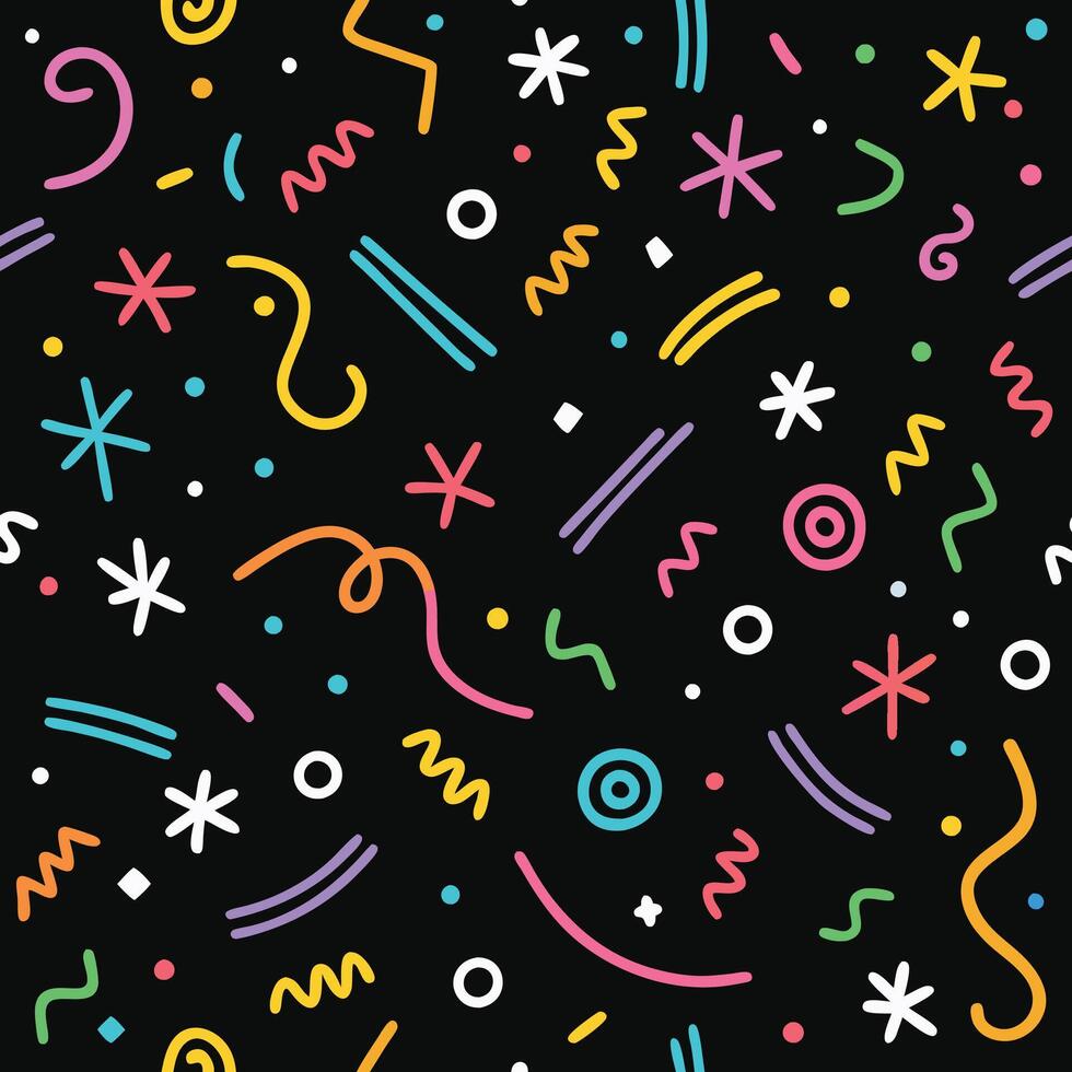 a colorful pattern with various shapes and stars on a black background vector
