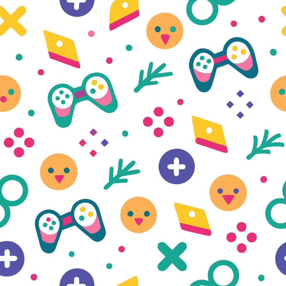 a colorful pattern with game controllers and other items vector