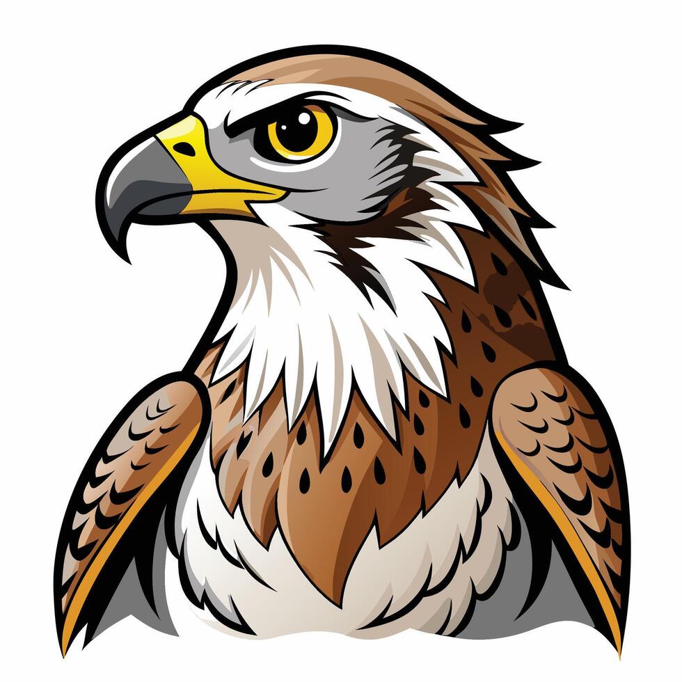 a hawk head with a yellow beak and brown feathers vector