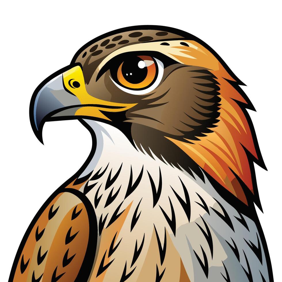a hawk head with orange eyes and a yellow beak vector