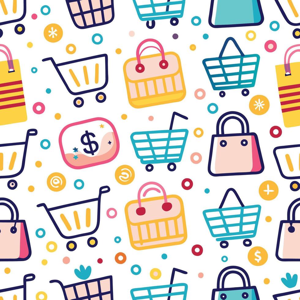 shopping seamless pattern with shopping bags and shopping cart vector