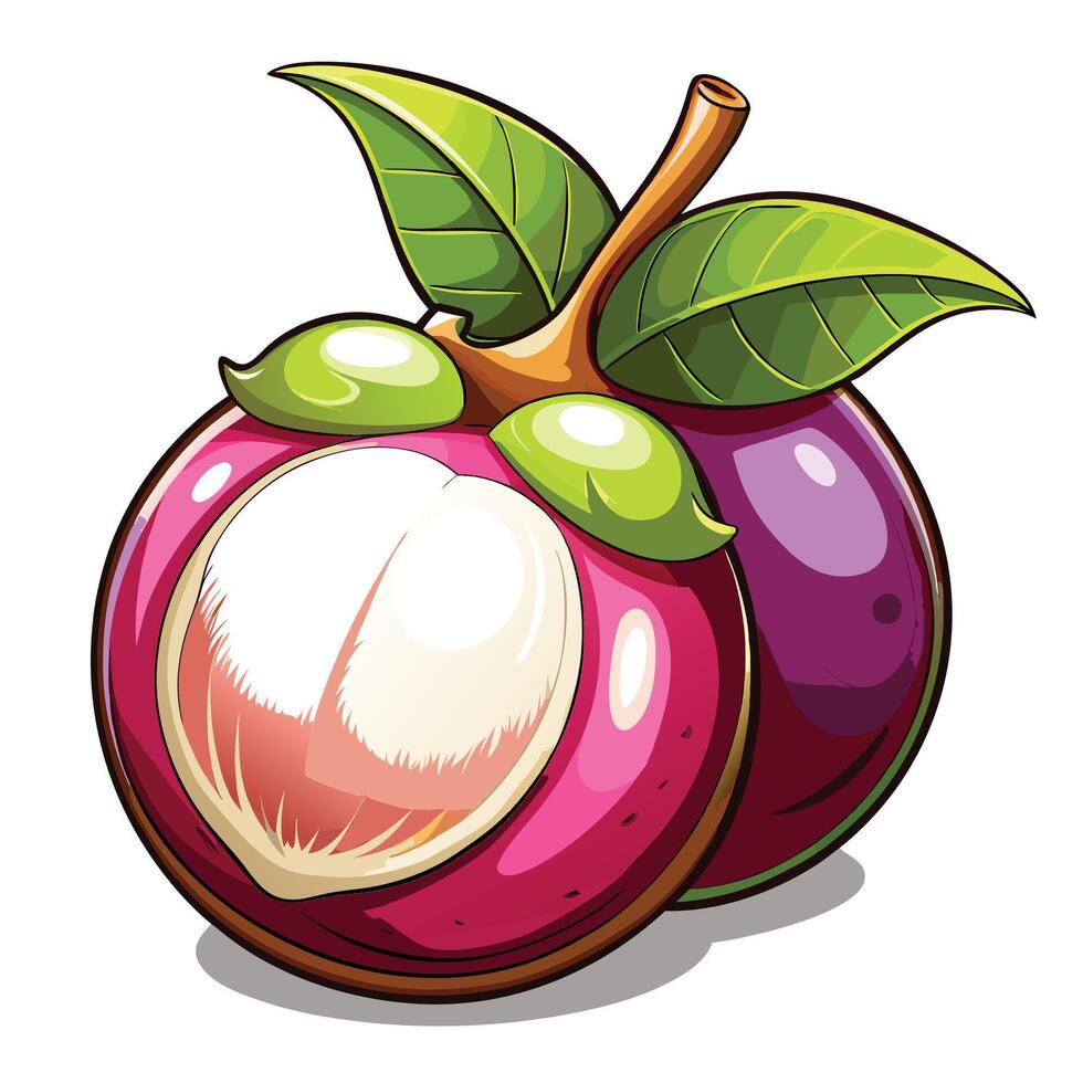a purple fruit with green leaves and a white center vector