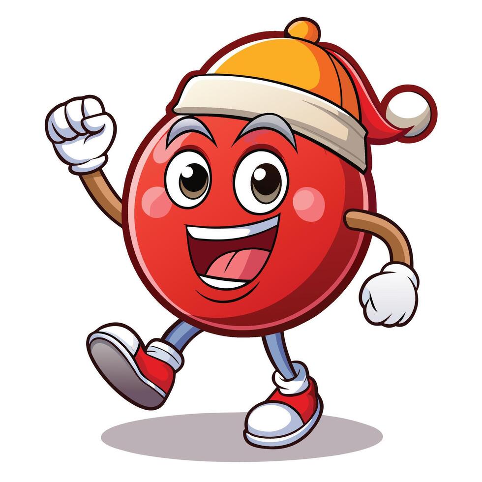 a cartoon red fruit character wearing a santa hat and running vector