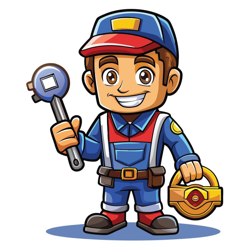 a cartoon plumber holding a wrench and a wrench vector