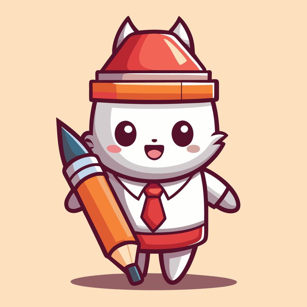 a cartoon white cat wearing a tie and holding a pencil vector