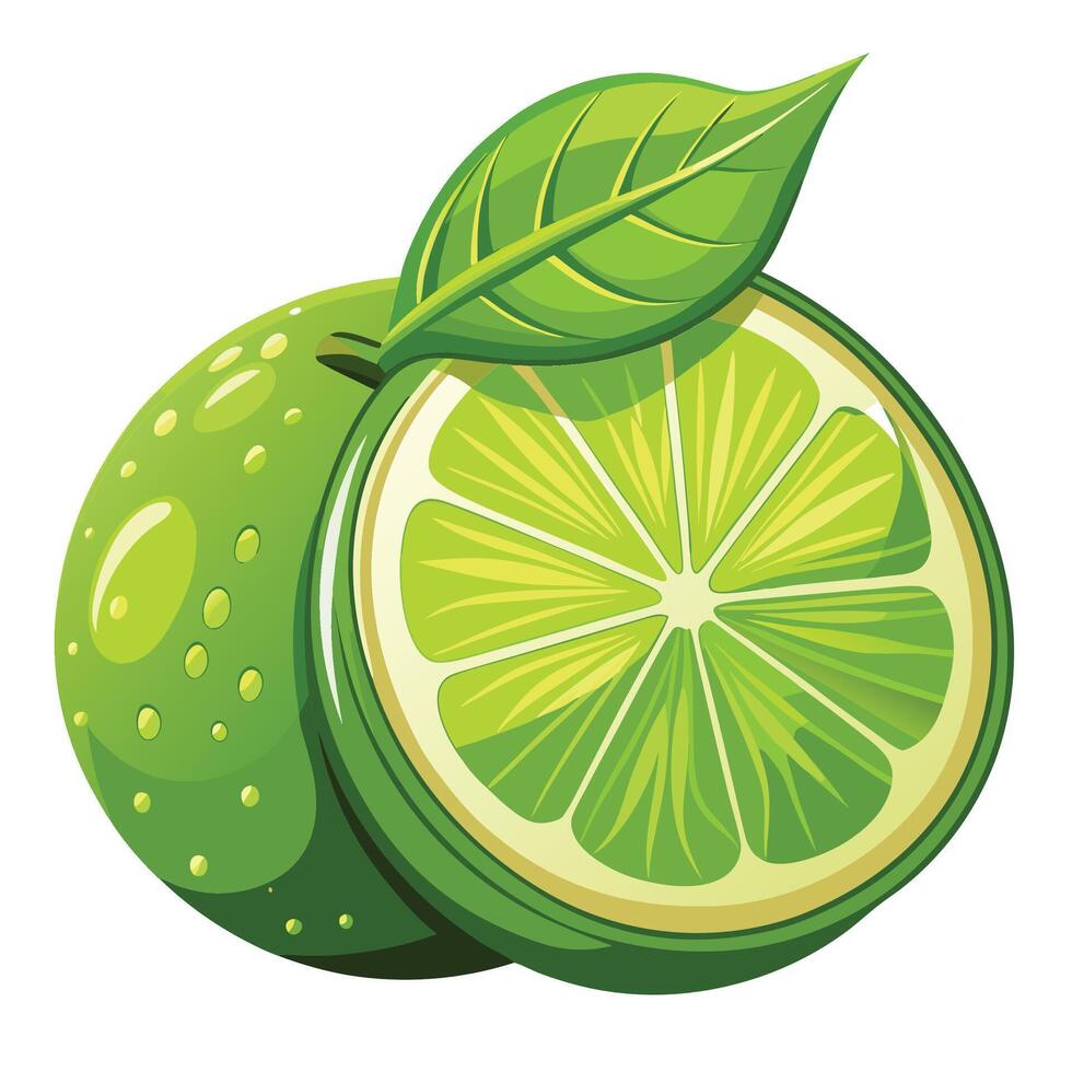 a lime with a leaf on it and a half cut in half vector