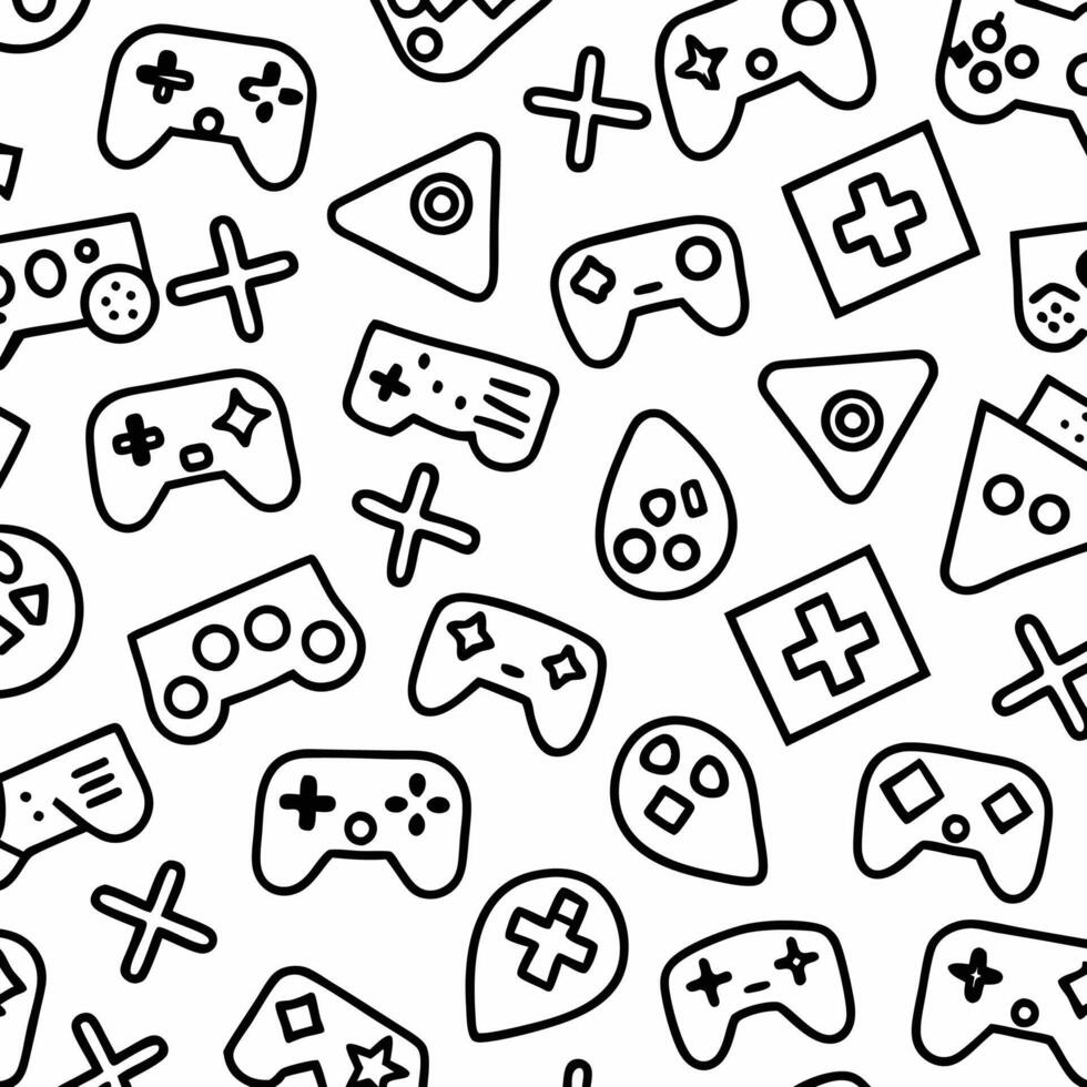 a black and white pattern with game controllers and other items vector
