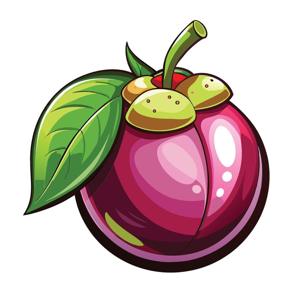 a purple fruit with green leaves and a green stem vector