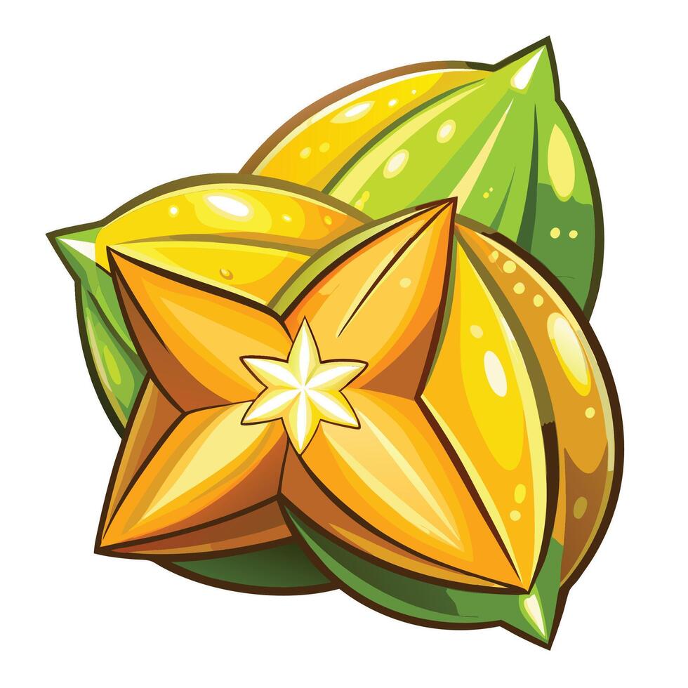 two yellow star fruits with green leaves vector