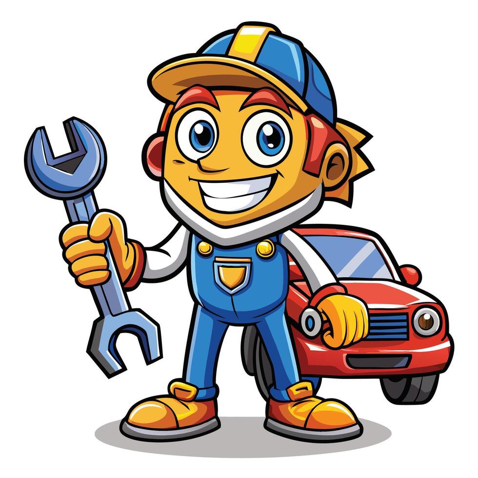 cartoon mechanic holding a wrench and holding a car vector