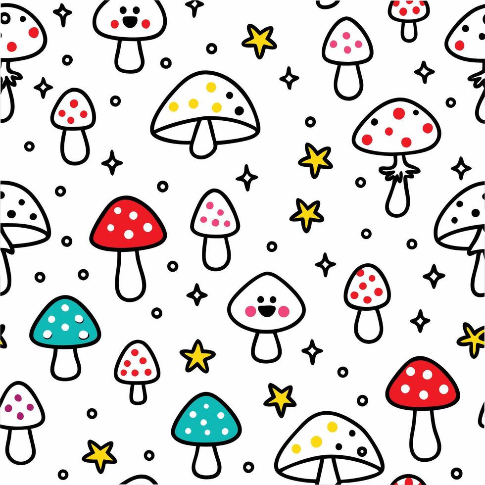 a seamless pattern with mushrooms and stars vector