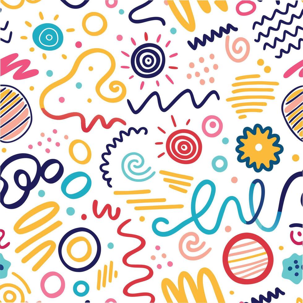 seamless pattern with colorful doodles and shapes vector