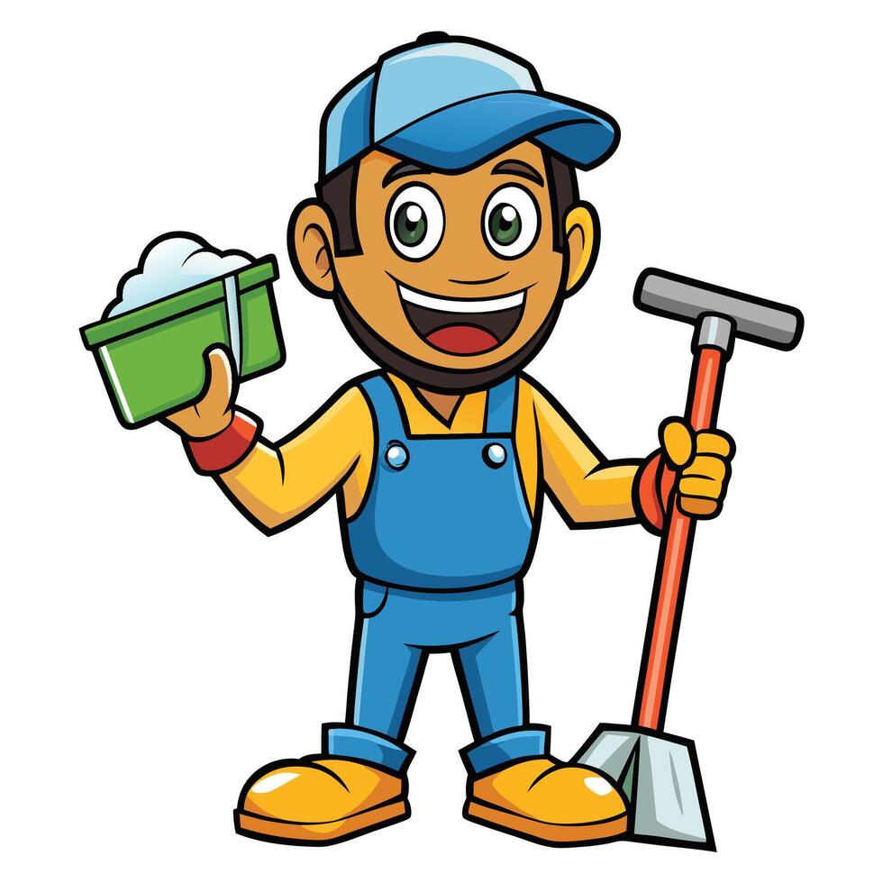 a cartoon man with a broom and mop vector