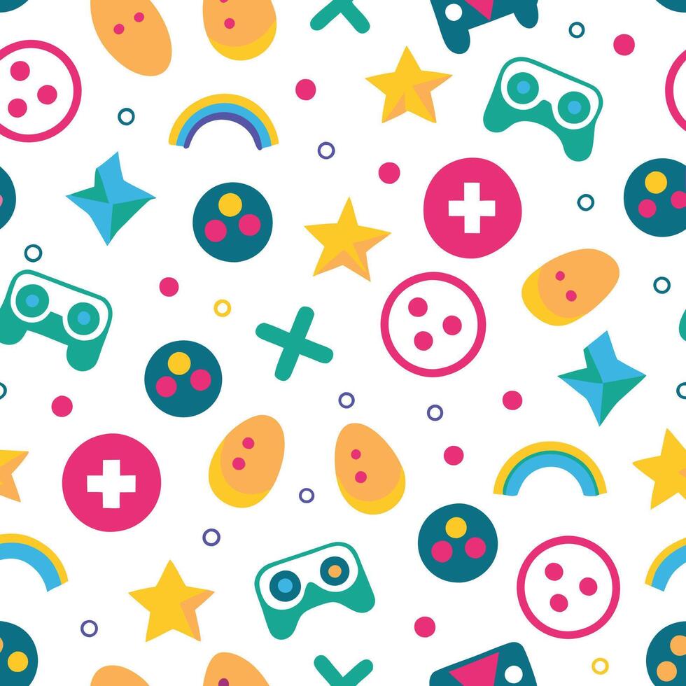 a colorful pattern with game controllers and other items vector