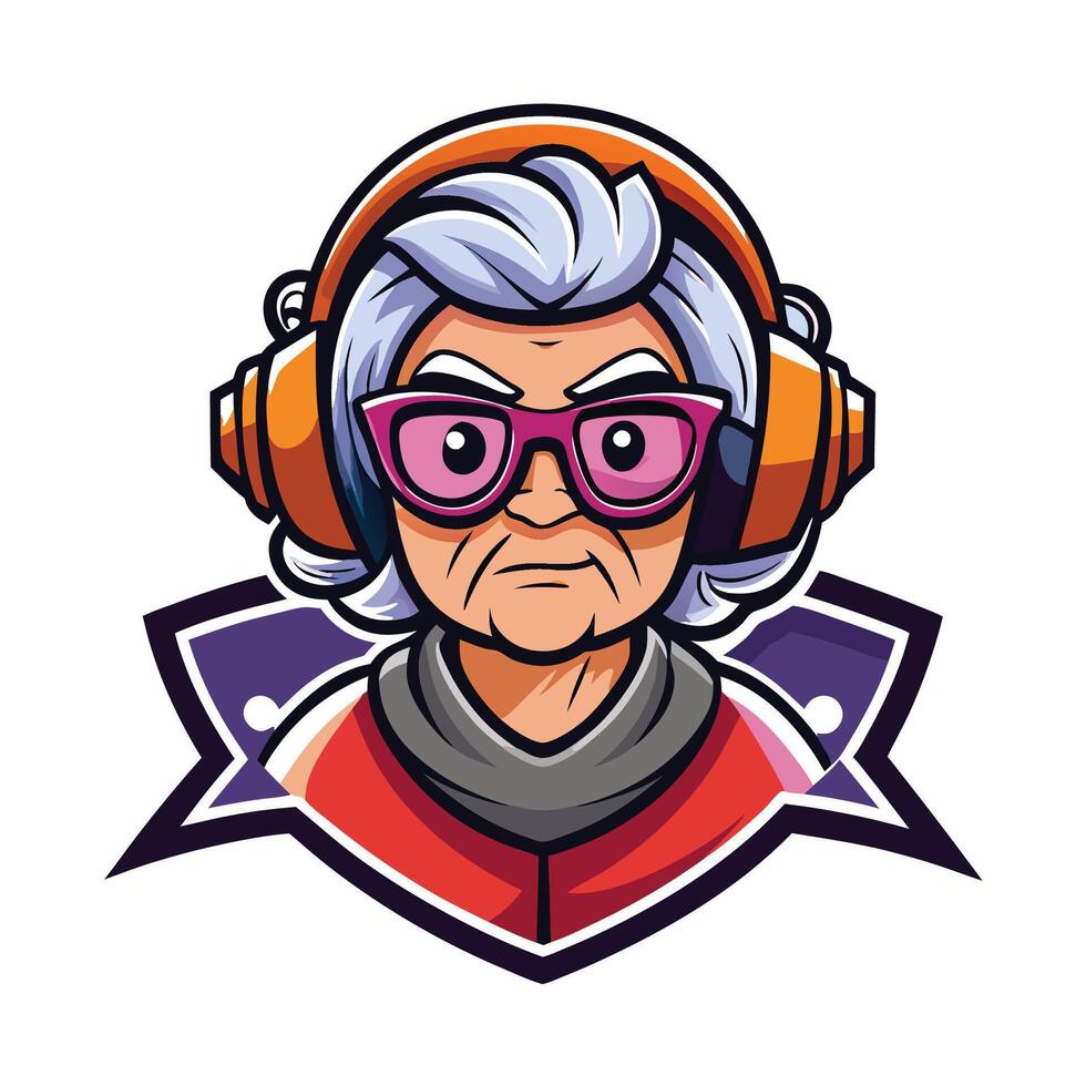 an old woman wearing headphones and glasses vector