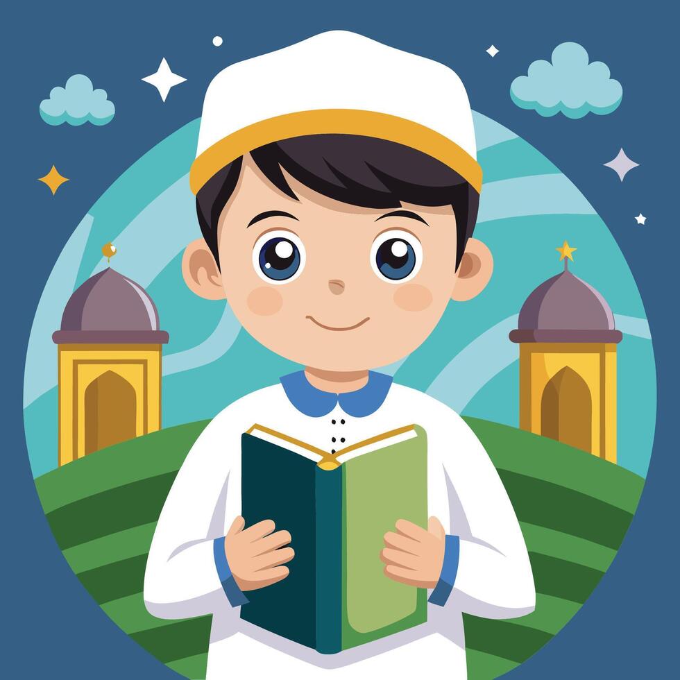 muslim boy reading quran illustration vector