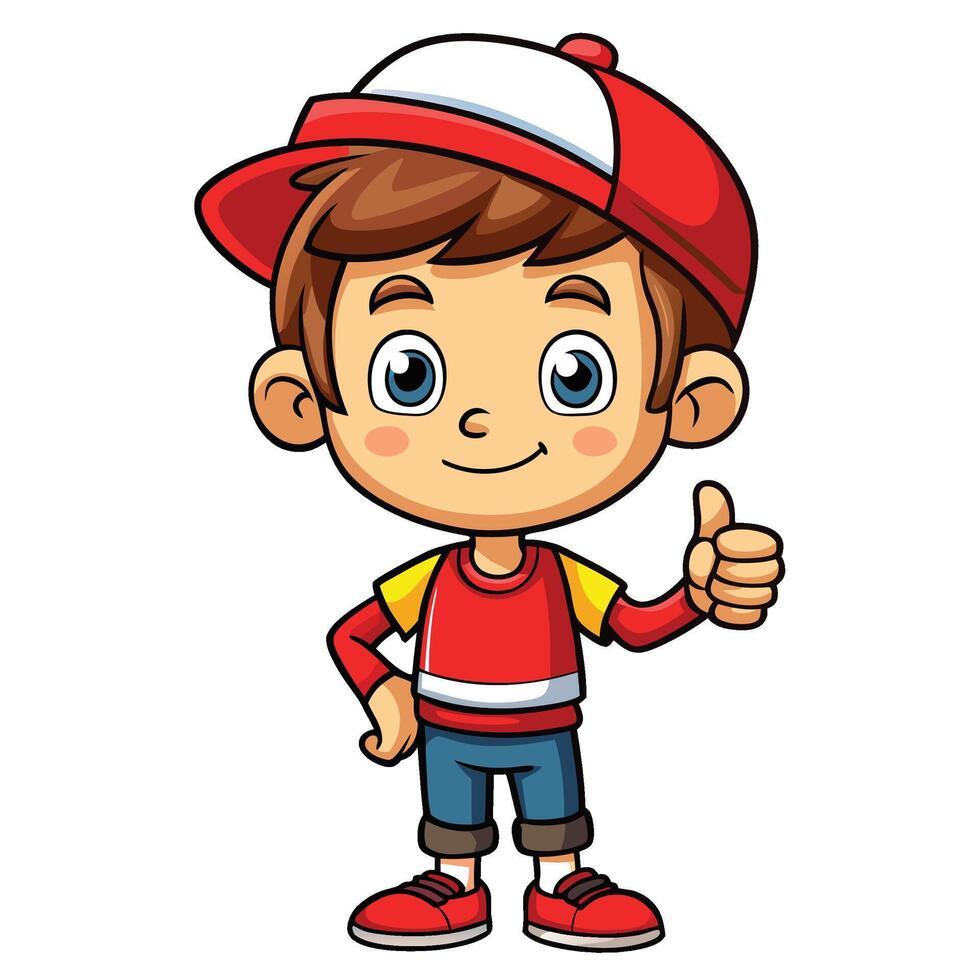 cartoon boy in red cap and jeans giving thumbs up vector