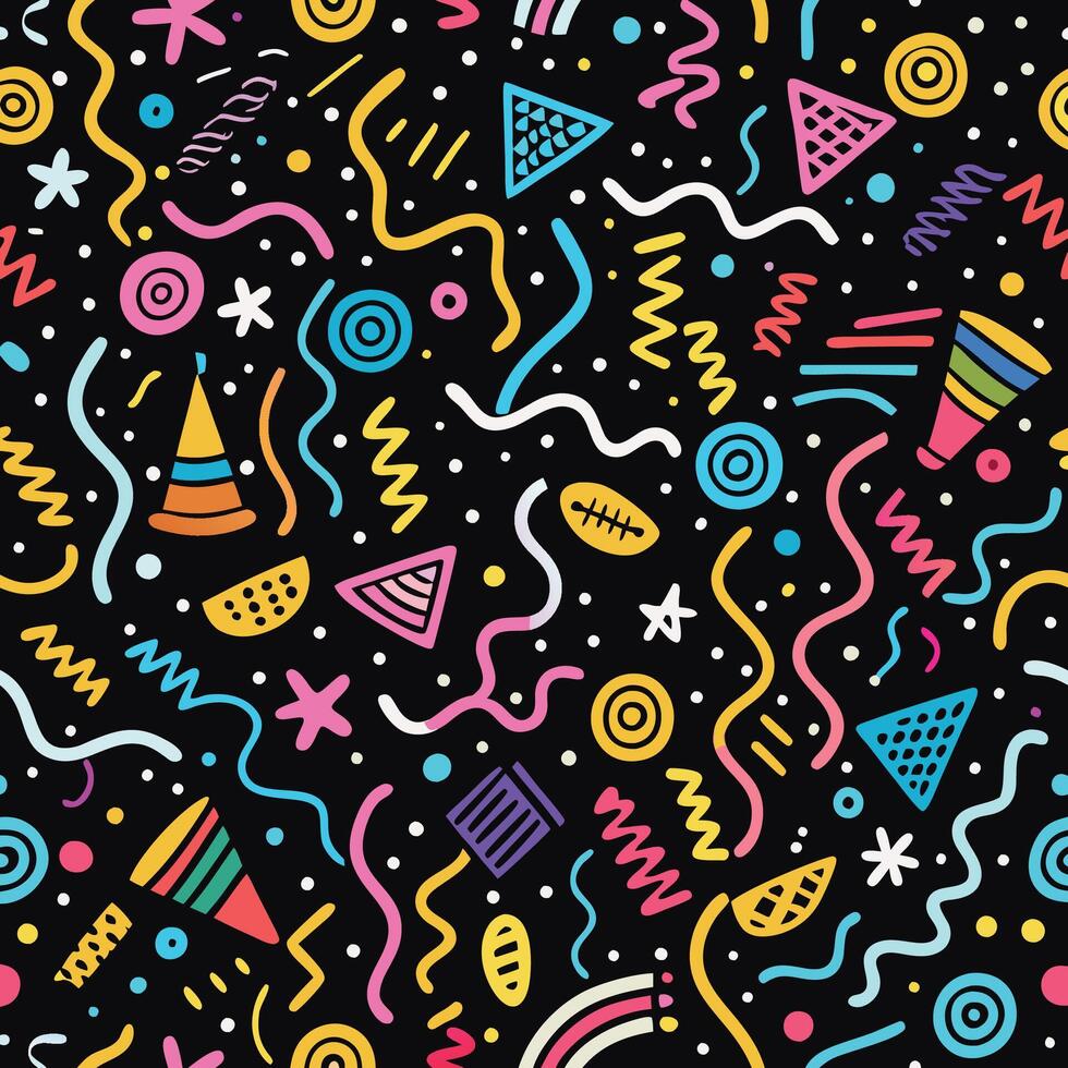 seamless pattern with colorful party accessories on a black background vector