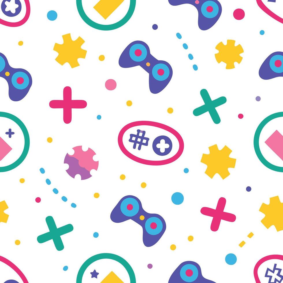 a colorful pattern with game controllers and other items vector