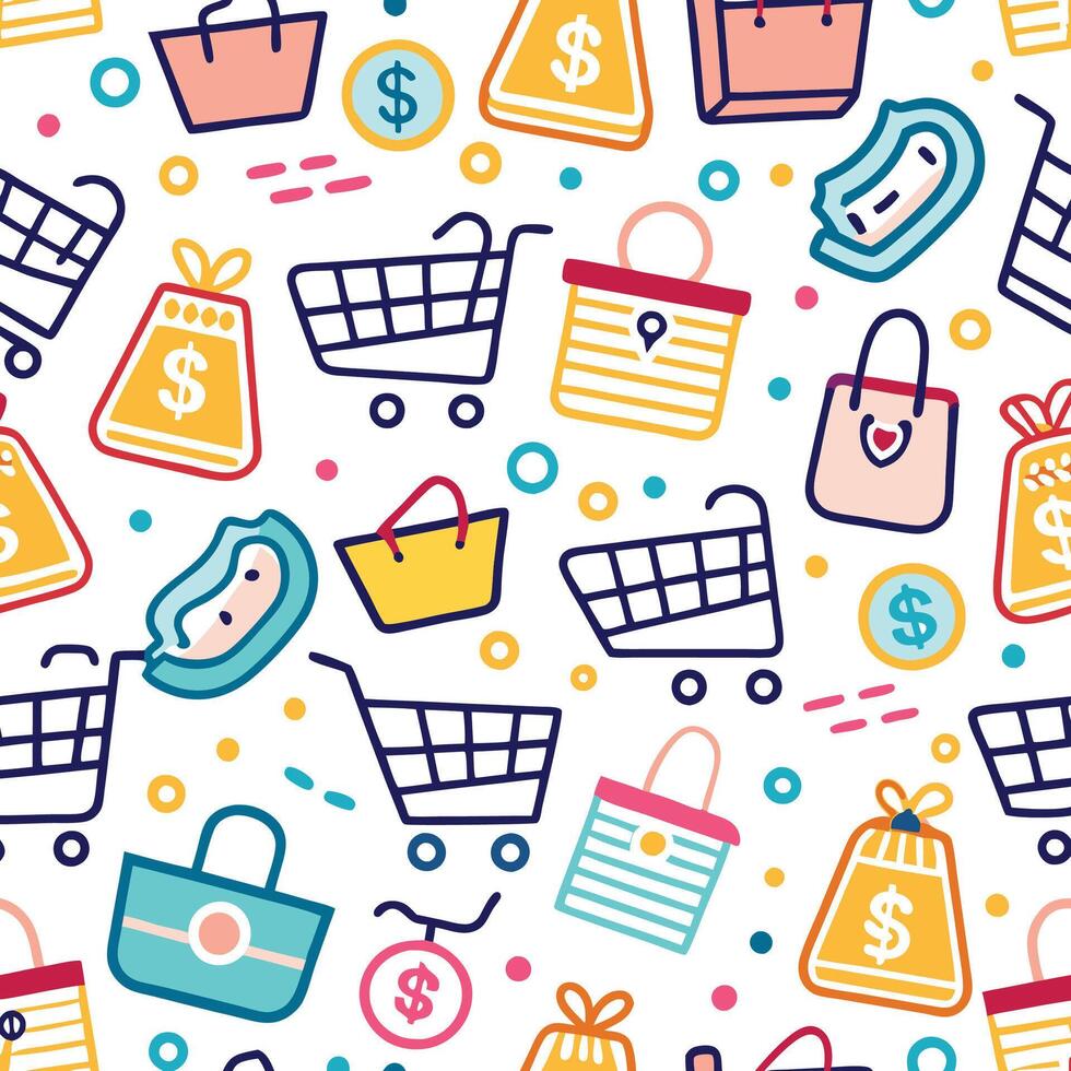 shopping seamless pattern with shopping cart, money and other items vector