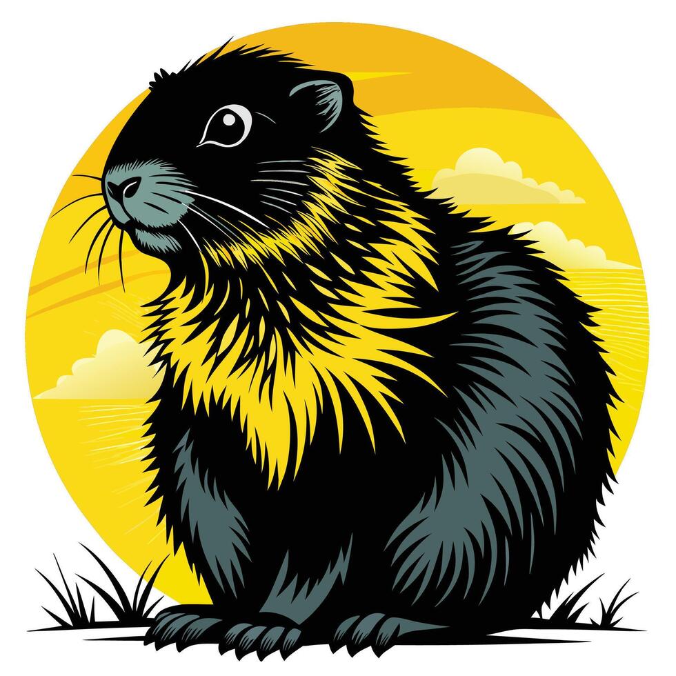 a black and yellow groundhog sitting in the grass vector