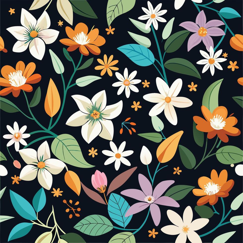 floral seamless pattern with flowers on black background vector