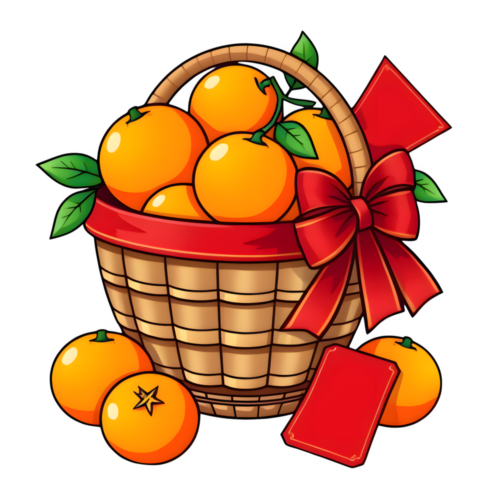 Cartoon Red Bow Basket Of Mandarin Oranges With Chinese Red Packets png