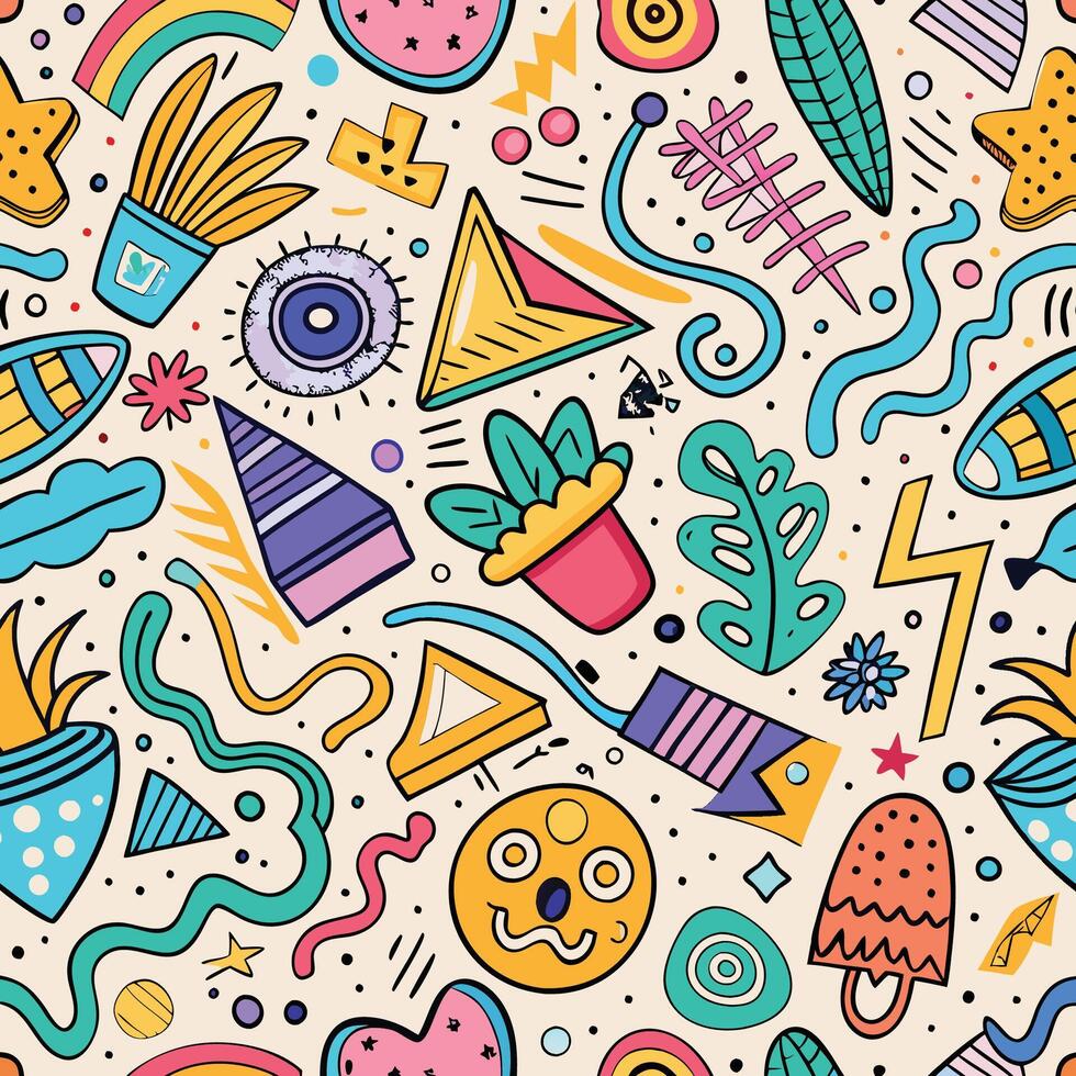 seamless pattern with colorful objects and doodles vector