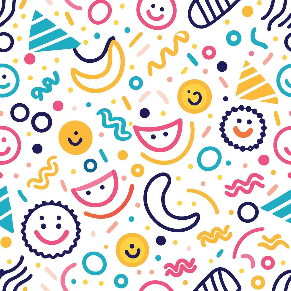a colorful pattern with smiling faces and other objects vector